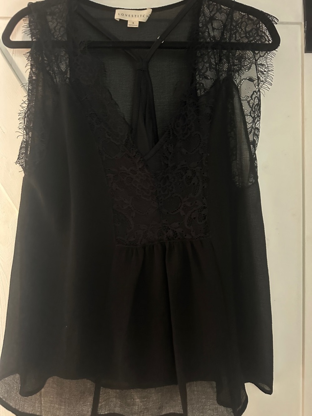 lovestitch Black Lace-Trim Sleeveless V-Neck Top